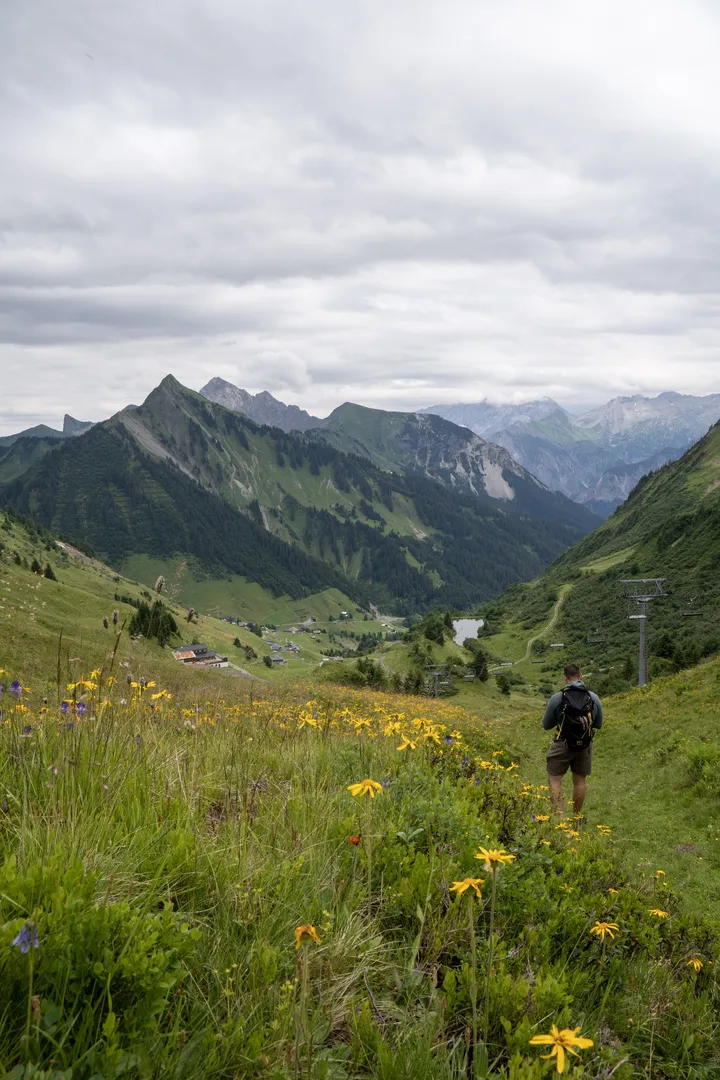 Wanderer auf einer Blumenwiese vor Bergkulisse