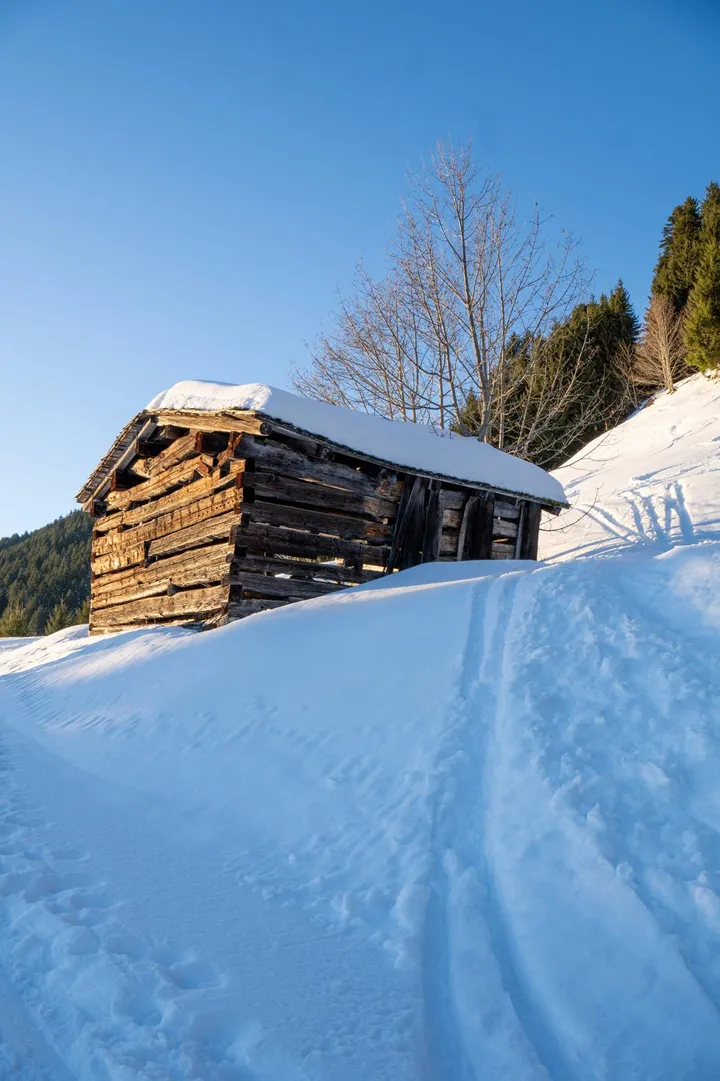 Verschneite Holzhütte in der Wintersonne