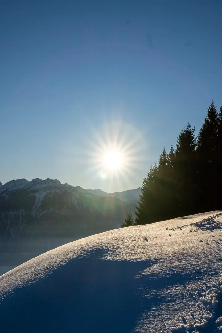 Gegenlicht über verschneiten Hängen